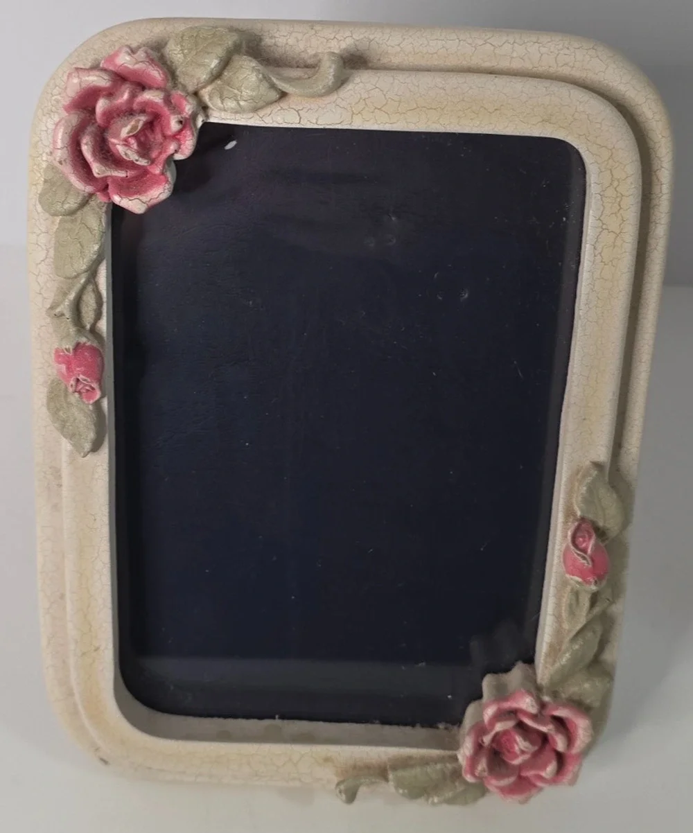 Small Cream Crackle Floral Rose Picture Frame Pink Roses Tabletop Wall Hanging